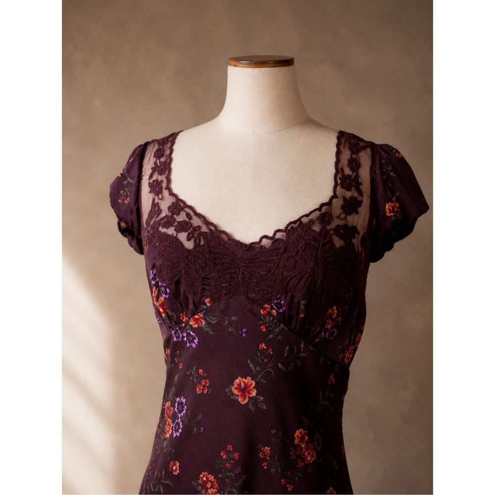 Free People Sz L Butterfly Babe Maxi Dress Floral Satin Lace Cutout Burgundy Pur - Picture 3 of 15